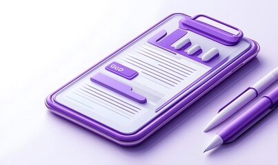 Wall Mural - Purple digital clipboard with document, graph, and pens.