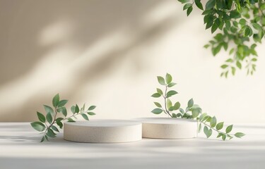 Poster - Minimalist 3D Display Podium with Soft Lighting and Green Leaves