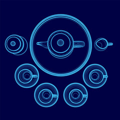 Poster - Blue image of a tea set with six cups and a teapot. The cups are arranged in a circle, with the teapot in the center. Concept of elegance and sophistication