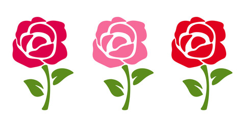 Wall Mural - Rose flowers. Silhouettes of red and pink roses with stems and leaves isolated on a white background. Set of vector illustrations