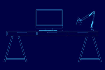 Poster - Computer desk with a monitor and keyboard on it. The desk is blue and has a lamp on it