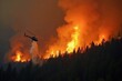 © WoodHunt - A fierce wildfire spreads rapidly through a dense forest, with bright orange flames leaping high. In the foreground, a helicopter drops water to help control the fire