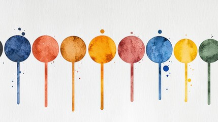 Poster - Vibrant Abstract Watercolor Circles with Sticks in a Row on Textured White Background