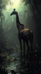 Sticker - Giraffe in a Dark Forest: A Serene Wildlife Scene