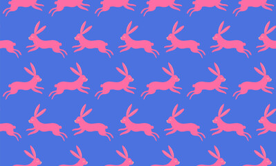  Seamless vector pattern with easter bunny elements. Rabbit silhouette in pink and blue trendy colors.