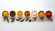 © thongsook - Indian street food spread with curry, biryani, and chutneys, styled on a minimalist white surface