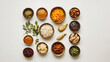 © thongsook - Indian street food spread with curry, biryani, and chutneys, styled on a minimalist white surface