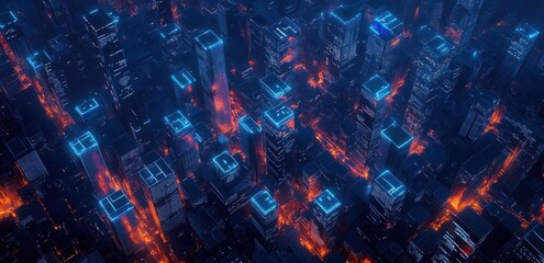 Futuristic Cityscape with Glowing Neon Cubes and Abstract Geometric Patterns for Digital Technology and Innovation