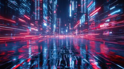 Poster - Futuristic Cityscape with Neon Lights and Hyperloop Technology in Cyberpunk Style at Night