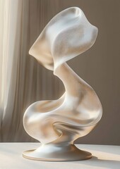 Wall Mural - Elegant Minimalist Sculpture Display Podium with Soft Silk Curtain and Natural Wind Elements in Beige Background for Luxury Cosmetic Product Presentation