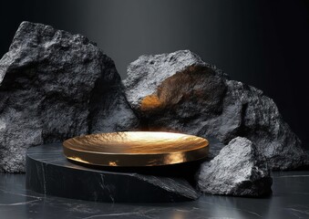 Poster - Modern Minimalist Display Stones Golden Plate Dramatic Lighting Abstract Showcase