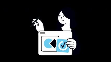 Poster - A woman animatedly illustrating concepts on a digital tablet, showcasing creativity in a flat design.