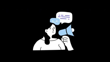 Poster - A woman of undetermined ethnicity holds a megaphone, symbolizing communication and expression, with thought bubbles above.