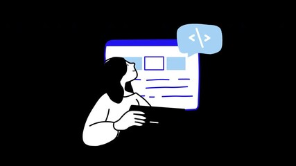 Poster - A woman of Asian descent looking at a computer screen with coding symbols.
