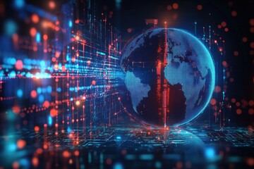 Poster - Futuristic Digital Globe Network Technology Visualization with Earth Map and Neon Lights