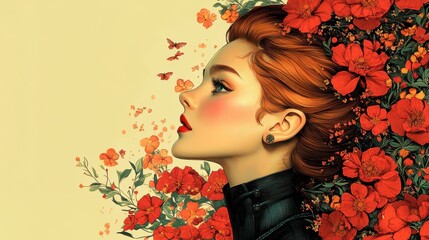 Wall Mural - Profile of a Woman with Vibrant Red Flowers and Butterflies Creating a Lush Surrounding, Embodying the Elegance and Beauty of Nature