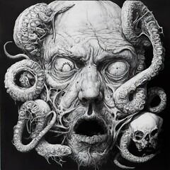 Poster - Grotesque Face with Octopus and Skull: A Dark Surreal Ink Drawing