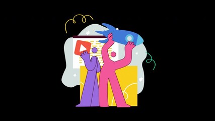 Poster - Abstract representation of creativity with colorful figures and a futuristic rocket, illustrating a dynamic concept.