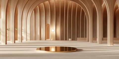 Poster - Minimalist Interior Scene with Wooden Arches Elegant Lighting Central Gold Disc Beige Surface Modern Design