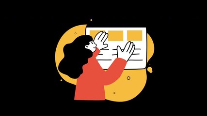 Poster - A woman with black hair looking at a blank document, engaged in planning or brainstorming, with an abstract yellow background.