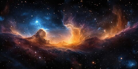 Wall Mural - Vibrant Cosmic Nebula in Deep Space with Distant Stars and Fluid Brush Strokes