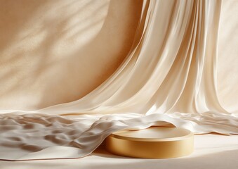 Aufkleber - Luxury 3D Display Podium with Elegant Beige Background and Flying Satin Cloth for Cosmetic Product Presentation