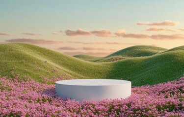 Poster - Minimalist Podium in Serene Landscape with Green Hills and Pink Flowers for Beauty Product Presentation