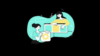 Poster - two women collaborating on a digital project, one holding a gear symbol, representing teamwork in te