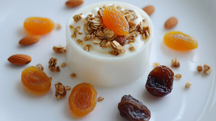 Canvas Print - A healthy breakfast bowl of yogurt, granola, dried apricots, and almonds.  Perfect for a nutritious and delicious start to the day.