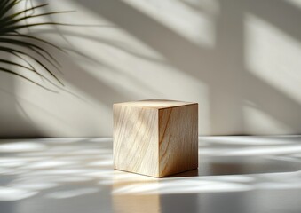 Aufkleber - Wooden Cube on Smooth Surface with Natural Light Minimalistic Design