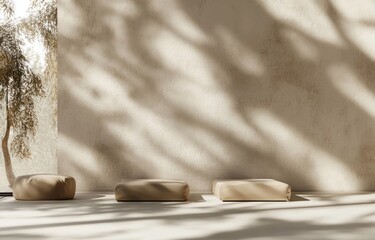 Aufkleber - Minimalist 3D Background Display Natural Leaf Shadow Beige Backdrop for Beauty Cosmetics Promotion