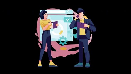 Poster - Two professionals reviewing analytics data in a digital environment with a flat design aesthetic.