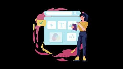 Poster - A woman of European descent working on a digital interface with graphic icons and a colorful background.