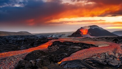 Wall Mural - lava field under sunset clouds on background