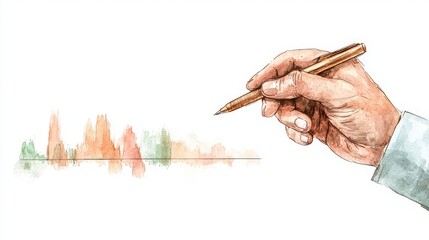 Poster - Hand Holding Pen Drawing Abstract Graph with Colorful Peaks and Valleys on White Background