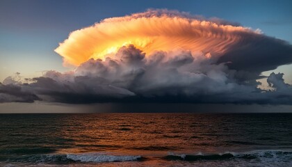 Wall Mural - dramatic stormy sunset over the sea with a huge cloud above it 