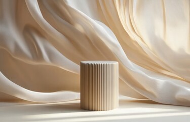 Aufkleber - Elegant Display Podium with Flowing Silk Curtain and Soft Natural Light for Cosmetic Presentation