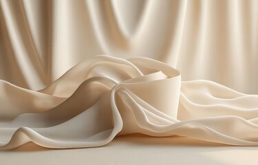 Aufkleber - Luxury Beige Podium Stand with Flowing Silk Curtain for Beauty Products Display