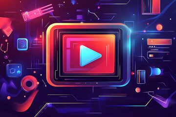 Poster - Abstract digital design featuring a play button and tech elements, symbolizing media and technology.