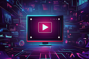 Poster - A vibrant digital screen displays a play button, surrounded by futuristic graphics and data.