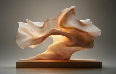 Aufkleber - Abstract Flowing Fabric Sculpture Display with Wood Pedestal and Warm Background for Luxury Cosmetic Product Presentation