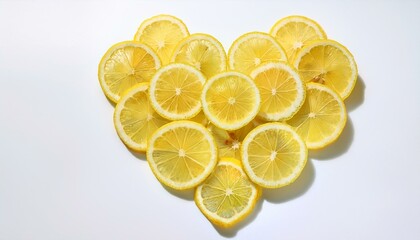 Wall Mural - A heart-shaped arrangement of lemon slices on a white background.