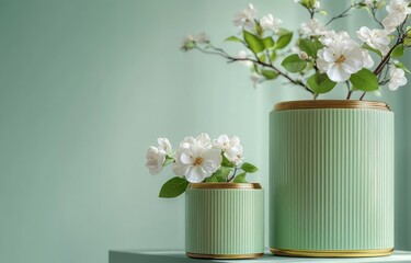 Aufkleber - Minimalist Still Life with Green Containers and White Flowers in Natural Light