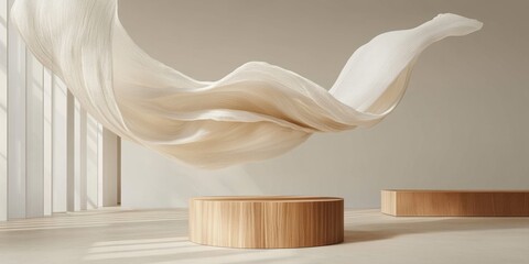 Aufkleber - Minimalist Presentation Podium with Flowing Beige Fabric and Wooden Base for Cosmetic Products