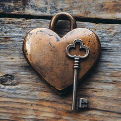 Wall Mural - Heart-shaped lock and key placed together on a wooden surface