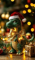 Wall Mural - Festive dinosaur ornament on a Christmas tree. AI.