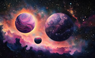 Wall Mural - Majestic Cosmic Scene with Two Vibrant Planets and Distant Starlight in Surreal Art Nouveau Style