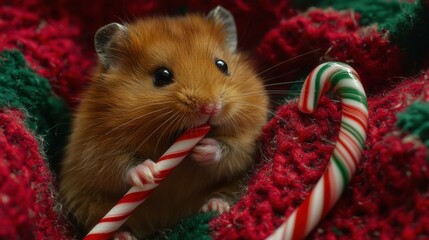 Wall Mural - A cute hamster enjoys a candy cane. AI.