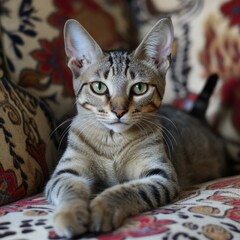 Wall Mural - A tabby cat rests outdoors. AI.