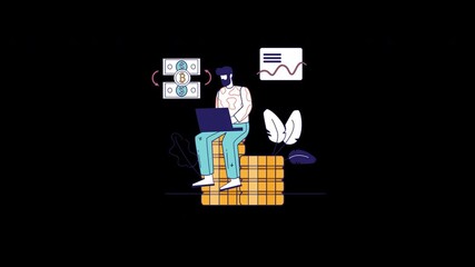 Poster - a cartoon man working on a laptop with financial graphics, depicting a modern digital lifestyle.